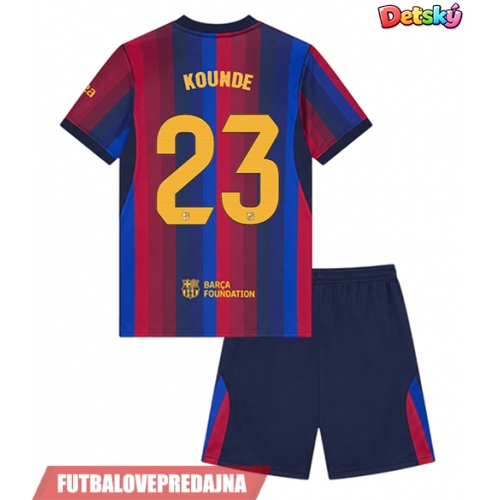 Lacne Dětský Futbalové dres Barcelona Jules Kounde #23 2026-27 Krátky Rukáv - Domáci (+ trenírky)